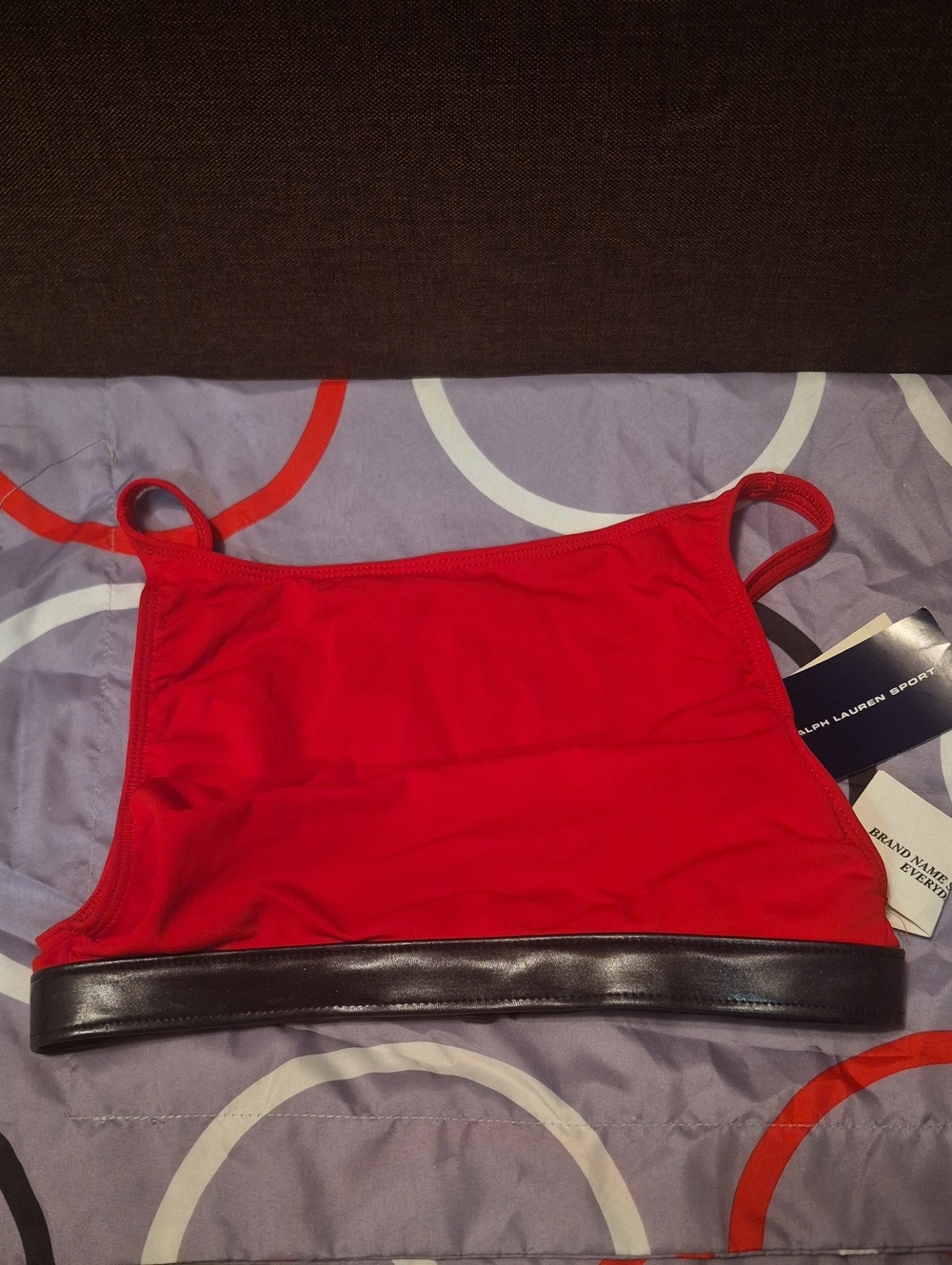 Ralph Lauren Red High-Neck Swim Crop Top with Black Band